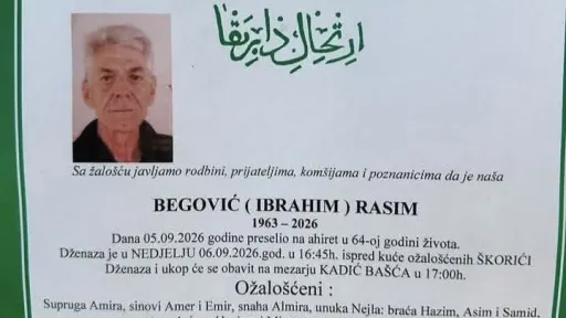 S tugom obavje&scaron;tavamo: Na Ahiret preselio Begović (Ibrahim) Rasim