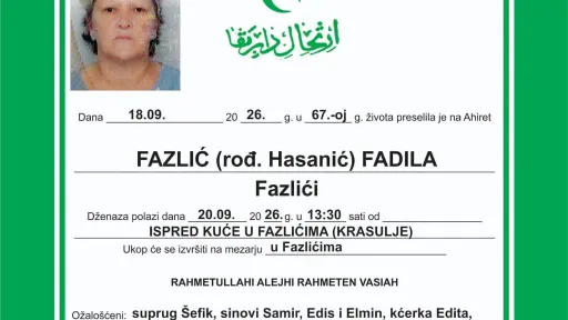 S tugom obavje&scaron;tavamo: Na Ahiret preselila Fazlić (rođ. Hasanić) Fadila