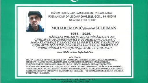S tugom obavje&scaron;tavamo: Na Ahiret preselio Muharemović (Ibrahim) Sulejman