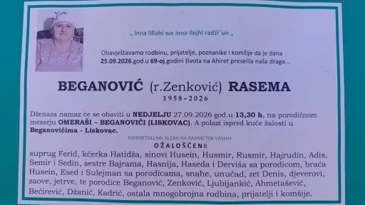 S tugom obavje&scaron;tavamo: Na Ahiret preselila Beganović (r. Zenković) Rasema