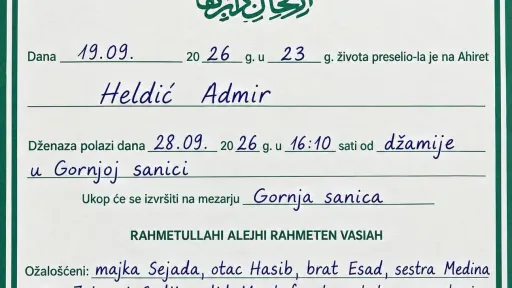 S tugom obavještavamo: Na Ahiret preselio Heldić Admir