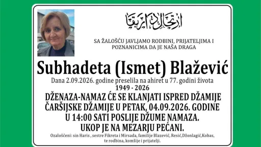 S tugom obavje&scaron;tavamo: Na Ahiret preselila Subhadeta (Ismet) Blažević