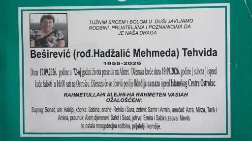 S tugom obavje&scaron;tavamo: Na Ahiret preselila Be&scaron;irević (rođ. Hadžalić Mehmeda) Tehvida