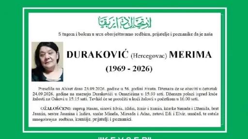 S tugom obavje&scaron;tavamo: Na Ahiret preselila Duraković (Hercegovac) Merima