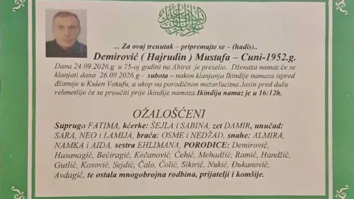 S tugom obavje&scaron;tavamo: Na Ahiret preselio Demirović (Hajrudin) Mustafa - Cuni