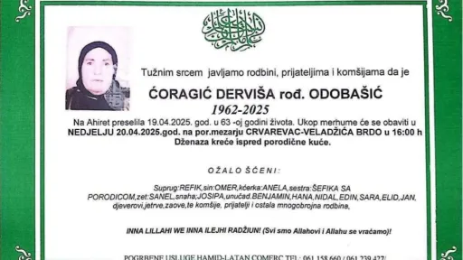 Na ahiret preselila Ćoragić (rođ. Odobašić) Derviša