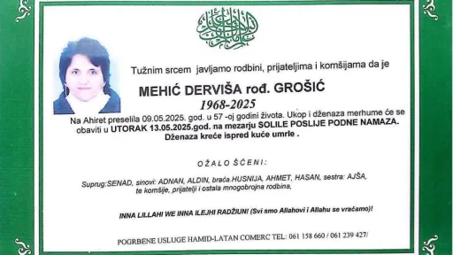 Na Ahiret preselila Mehić Derviša rođ. Grošić