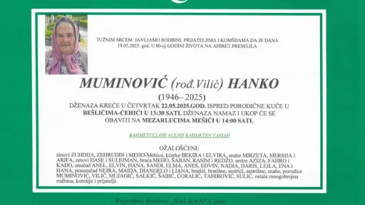 Na ahiret preselila MUMINOVIĆ (rođ. Vilić) HANKO